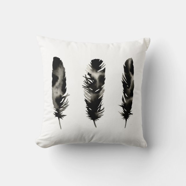 Three Feathers . Modern . Silhouette . Black White Cushion (Front)