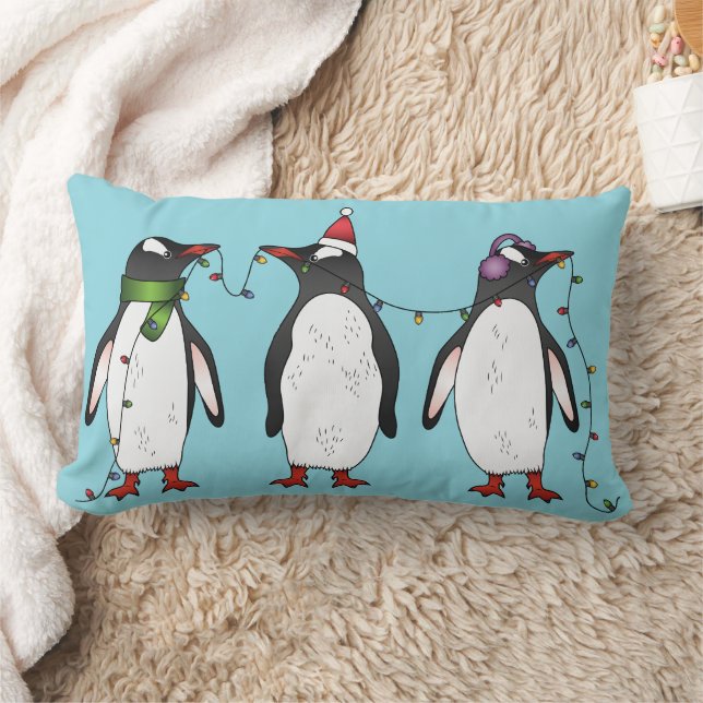 Three Festive Christmas Penguins On Light Blue Lumbar Cushion (Blanket)