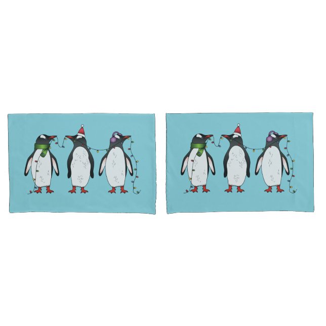 Three Festive Christmas Penguins On Light Blue Pillowcase (Front-Set)