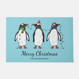 Three Festive Christmas Penguins With Custom Text Doormat