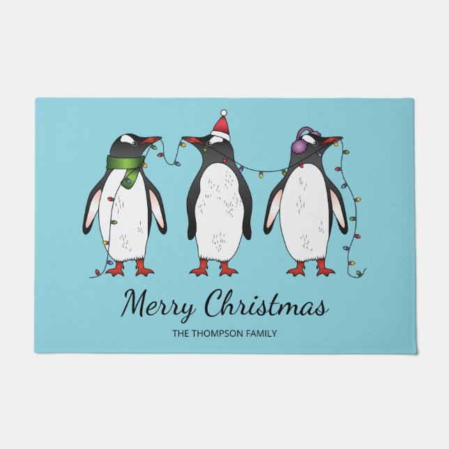 Three Festive Christmas Penguins With Custom Text Doormat (Front)