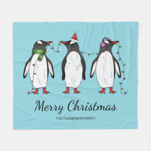 Three Festive Christmas Penguins With Custom Text Fleece Blanket