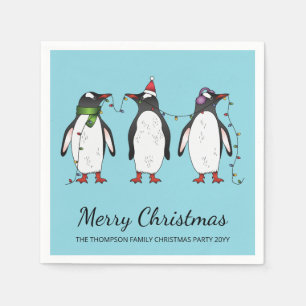 Three Festive Christmas Penguins With Custom Text Napkin