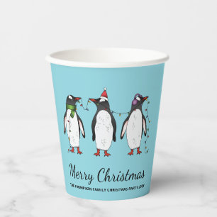 Three Festive Christmas Penguins With Custom Text Paper Cups