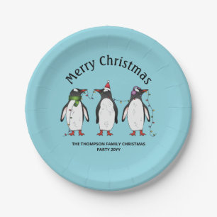 Three Festive Christmas Penguins With Custom Text Paper Plate