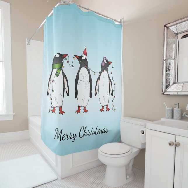 Three Festive Christmas Penguins With Custom Text Shower Curtain (In Situ)
