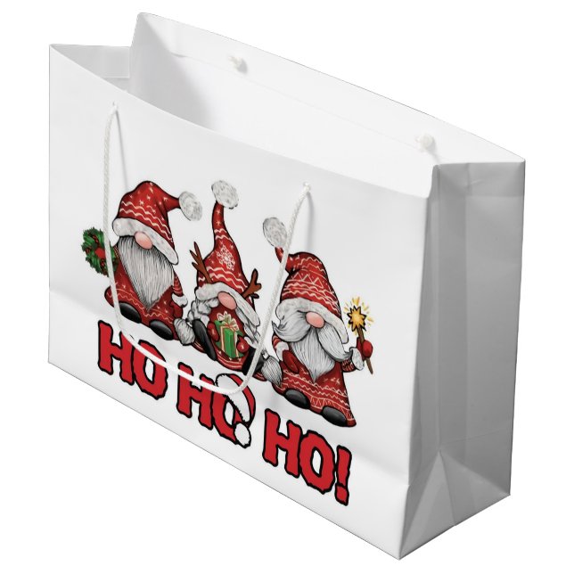 Three Festive Gnomes Christmas Gift Bag (Front Angled)