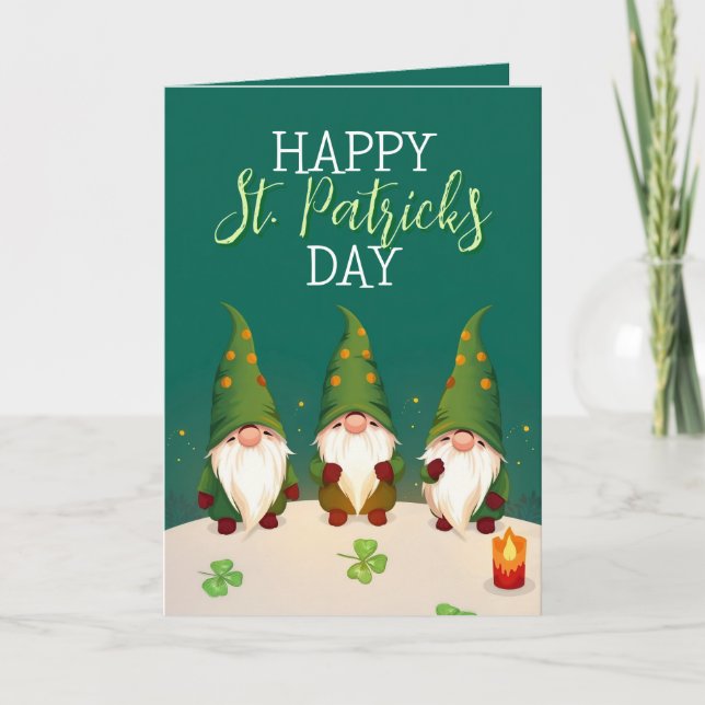 Three Festive Gnomes Shamrocks St Patrick's Day Card (Front)