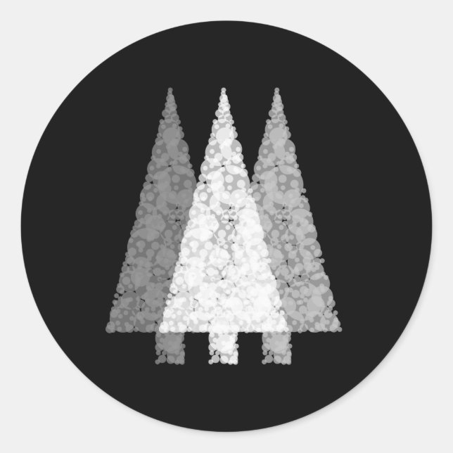 Three Festive Trees. White on Black. Classic Round Sticker (Front)