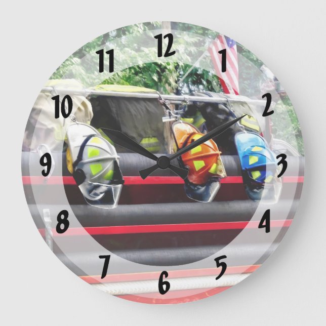 Three Fire Helmets On Fire Truck Large Clock (Front)