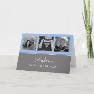 Three First Birthday Photo Collage Blue Card