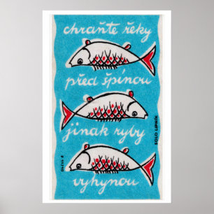 Three Fish Matchbox Art Print, Czech Vintage Folk Poster