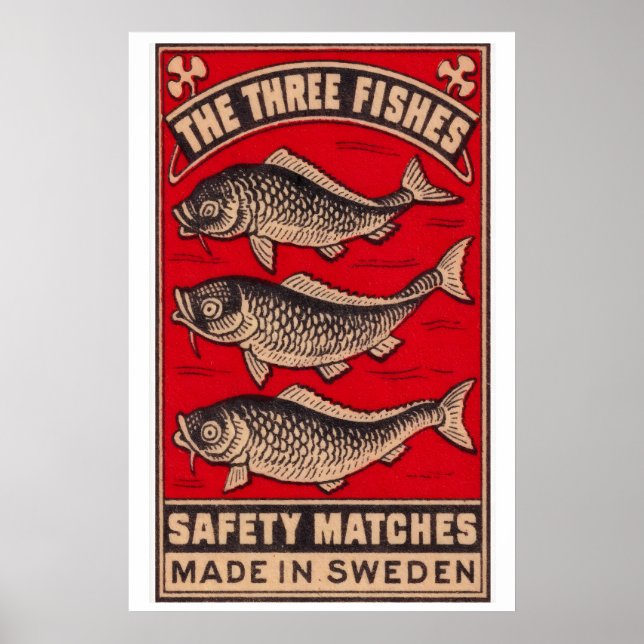 Three Fish Matchbox Art Print, Swedish Vintage Poster (Front)