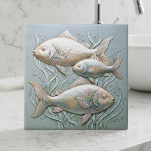 Three Fish Opalescent Bas Relief D1221 Ceramic Tile