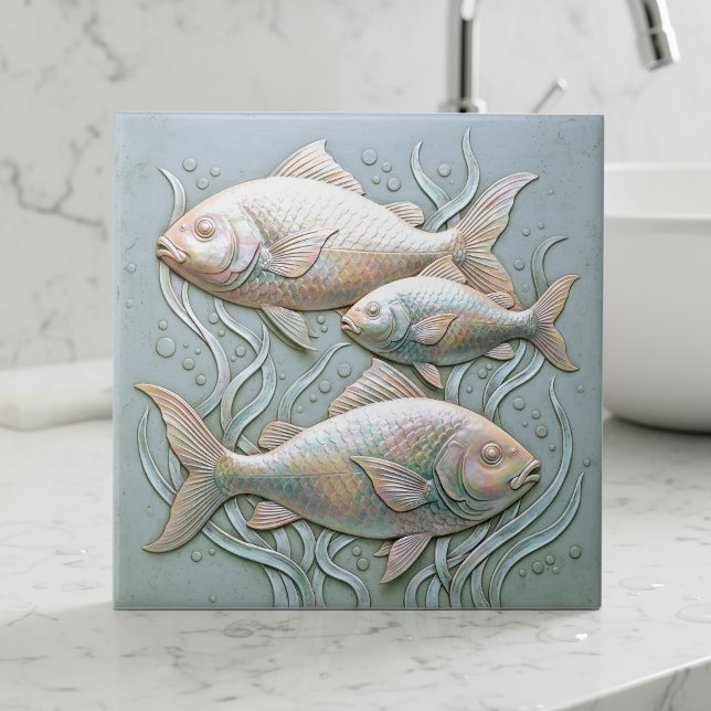 Three Fish Opalescent Bas Relief D1221 Ceramic Tile (Creator Uploaded)