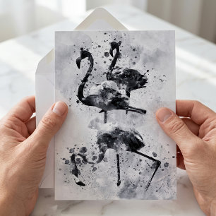 Three Flamingos Black and White Watercolor Card