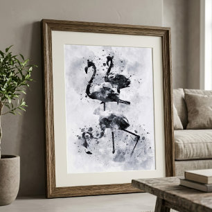 Three Flamingos Black and White Watercolor Photo Print