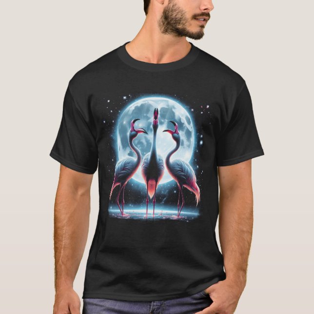 Three Flamingos Howling at Moon Like Three Wolves T-Shirt (Front)
