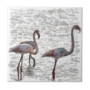 Three Flamingos Watercolor Ceramic Tile