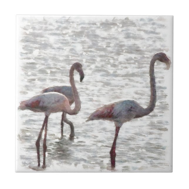 Three Flamingos Watercolor Ceramic Tile (Front)