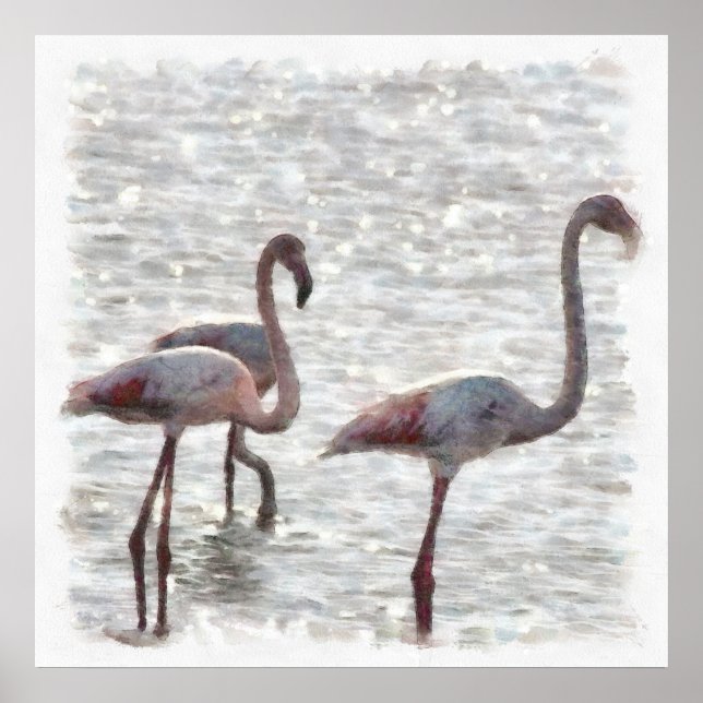 Three Flamingos Watercolor Poster (Front)