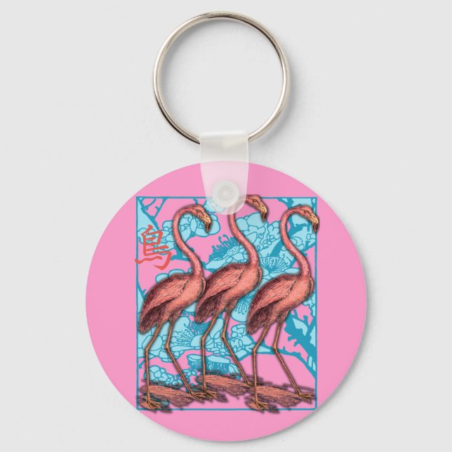 Three Flamingos with Flowers Key Ring (Front)