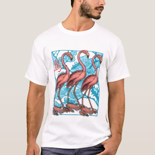 Three Flamingos with Flowers T-Shirt (Front)
