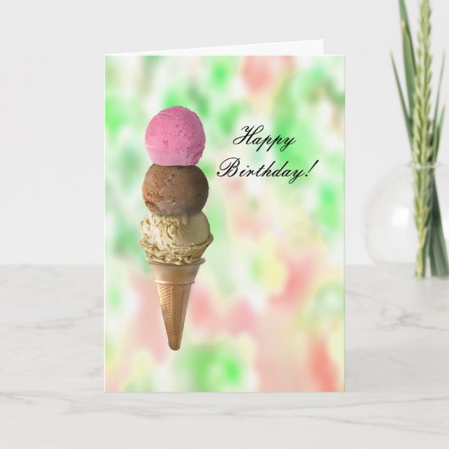 Three Flavors Ice Cream Cone Happy Birthday Day Card (Front)