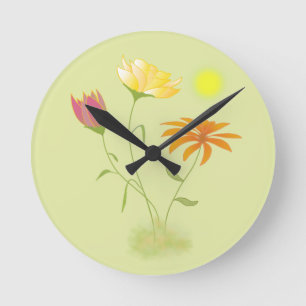 Three Flowers in the Sun - transparent. Round Clock