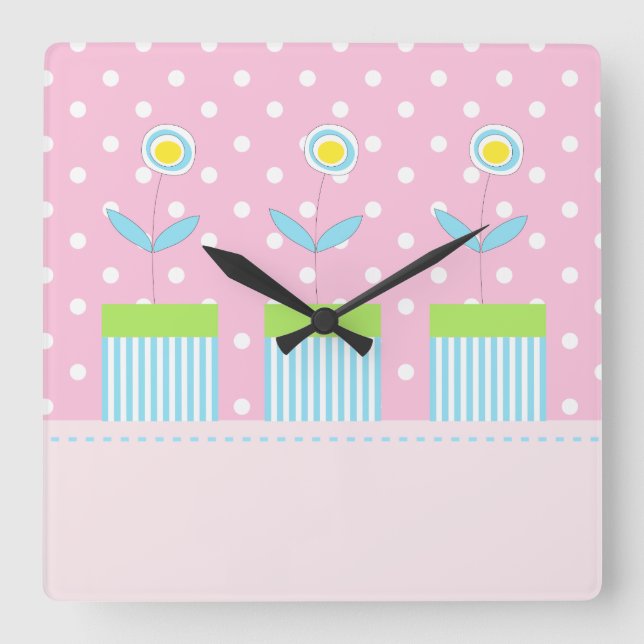 Three flowers on pink with white dots square clock (Front)