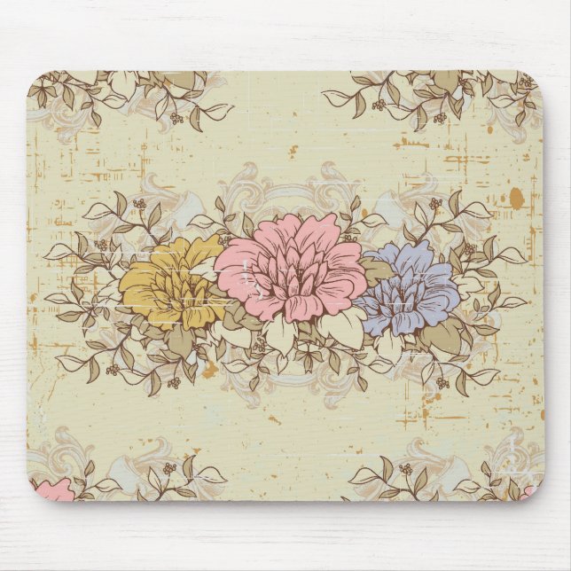 Three Flowers, Vintage Country Floral Mouse Pad (Front)