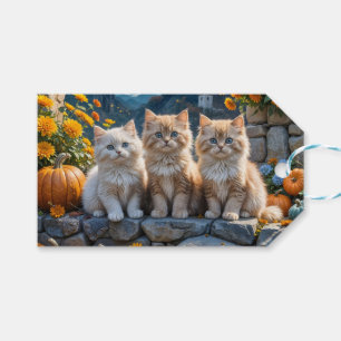 Three Fluffy Autumn Kittens with Pumpkins and Mums Gift Tags