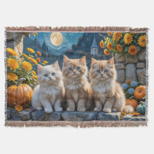 Three Fluffy Autumn Kittens with Pumpkins and Mums Throw Blanket
