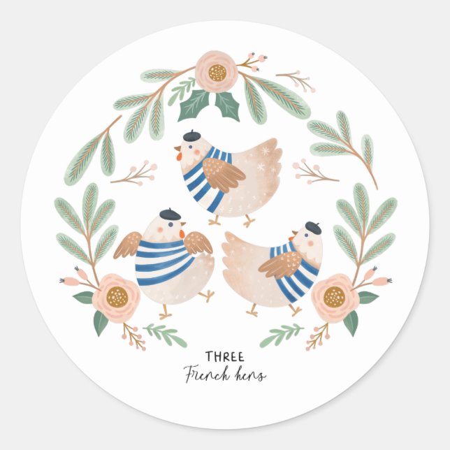 Three French Hens 12 Days of Christmas Folk Classic Round Sticker (Front)