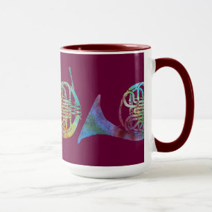 Three French Horns on Burgandy Mug