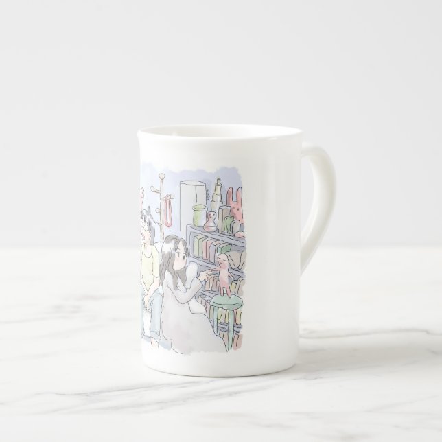 Three friendly illustrations of a woman sitting re bone china mug (Front Right)