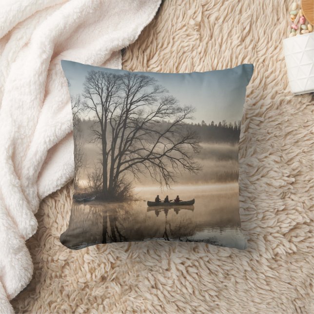 Three Friends Fishing Canoe Serene Lake Cushion (Blanket)