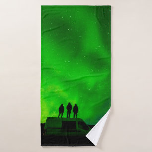 Three friends on an epic journey in their camper v bath towel