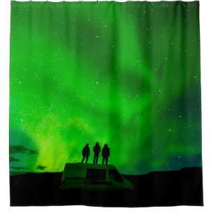 Three friends on an epic journey in their camper v shower curtain