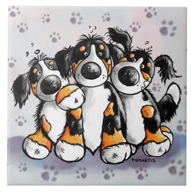 Three Funny Bernese Mountain Dogs Cartoon Ceramic Tile (Front)