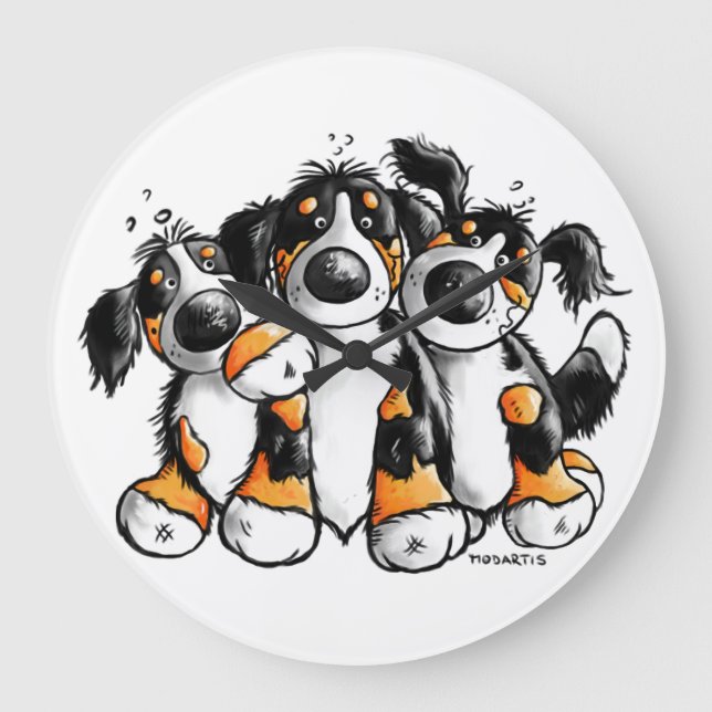 Three Funny Bernese Mountain Dogs Wall Clock (Front)