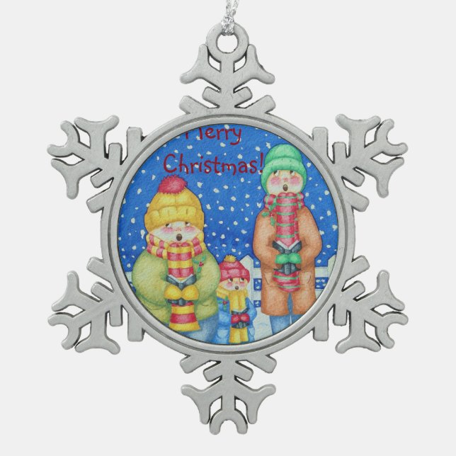 three funny carol singers snow scene snowflake pewter christmas ornament (Front)