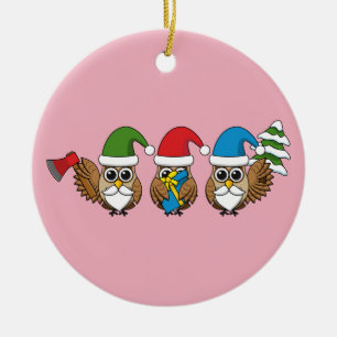 Three Funny Christmas Gnome Owls Ceramic Ornament