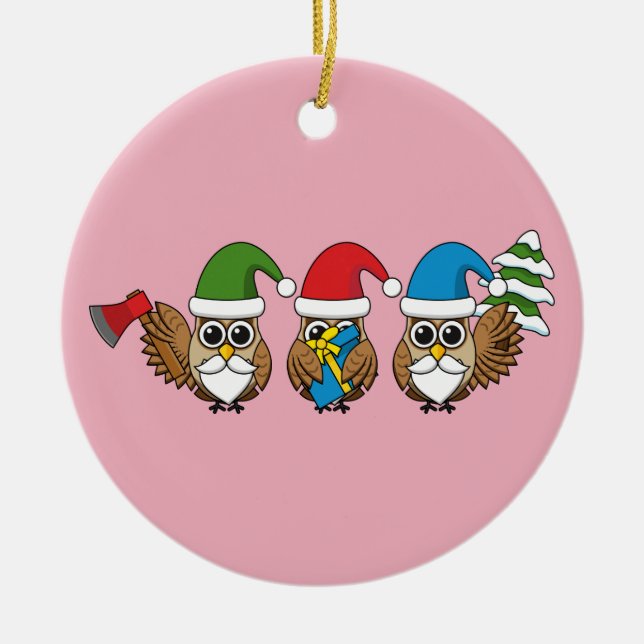 Three Funny Christmas Gnome Owls Ceramic Ornament (Front)