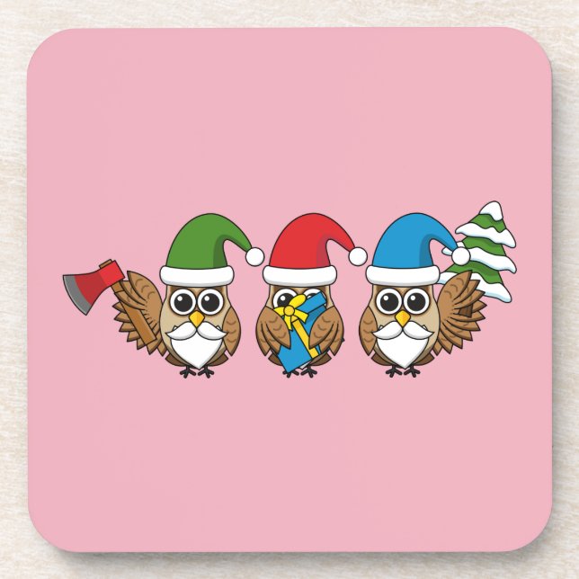 Three Funny Christmas Gnome Owls Coaster (Front)