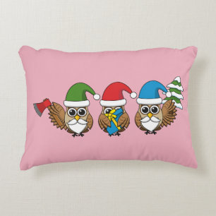 Three Funny Christmas Gnome Owls Decorative Cushion