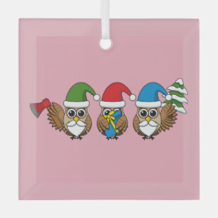 Three Funny Christmas Gnome Owls Glass Tree Decoration