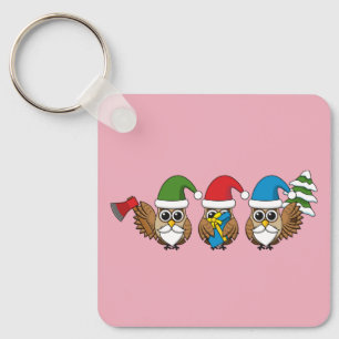 Three Funny Christmas Gnome Owls Key Ring