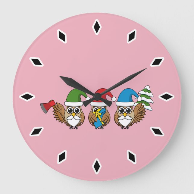 Three Funny Christmas Gnome Owls Large Clock (Front)