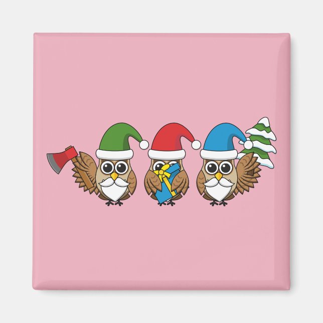 Three Funny Christmas Gnome Owls Magnet (Front)
